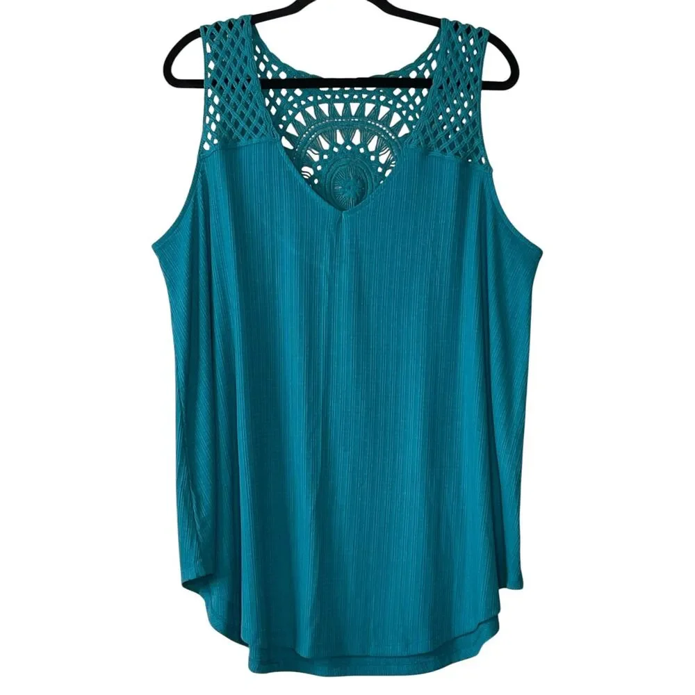 Torrid Textured Jersey V-Neck Crochet Swing Tank Top Biscay Bay Blue Size 2 NWT - Picture 4 of 10